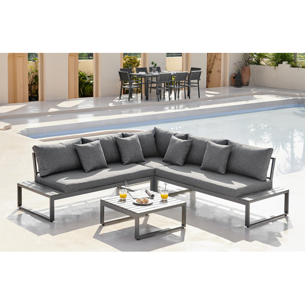 Ebern Designs Loreto Outdoor 6 Seat Grey Corner Sofa and Table Set with